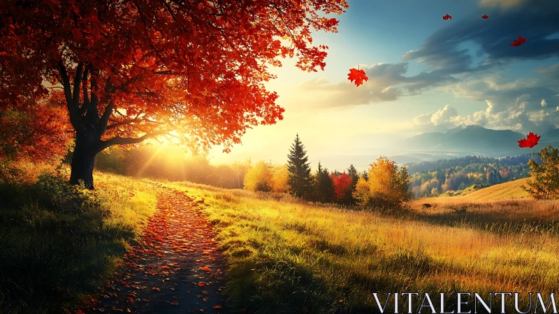 Backlit autumn tree frames sunlit path across layered valley