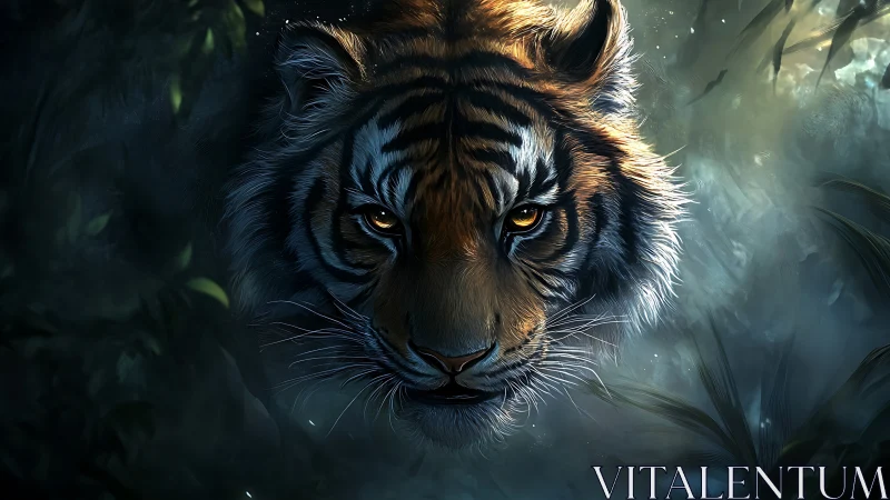 Low key frontal tiger portrait with volumetric jungle fog