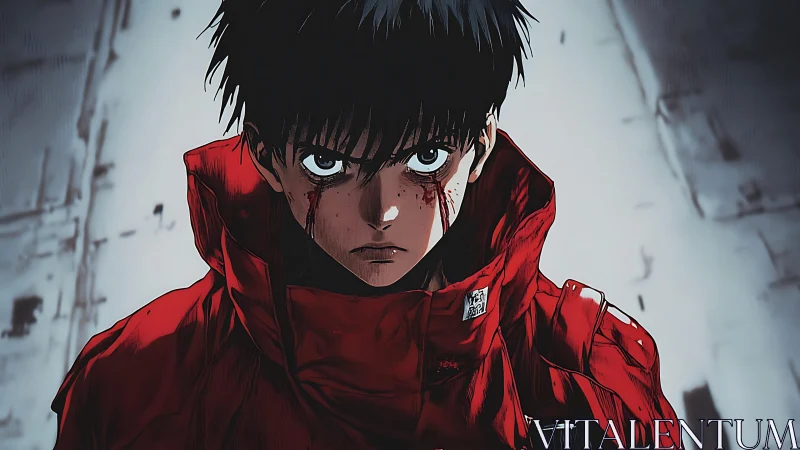 Bloody-eyed anime rebel glares forward in red jacket.