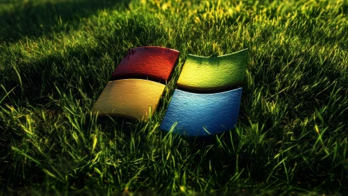 Windows logo in vibrant 3D style resting on sunlit green grass.