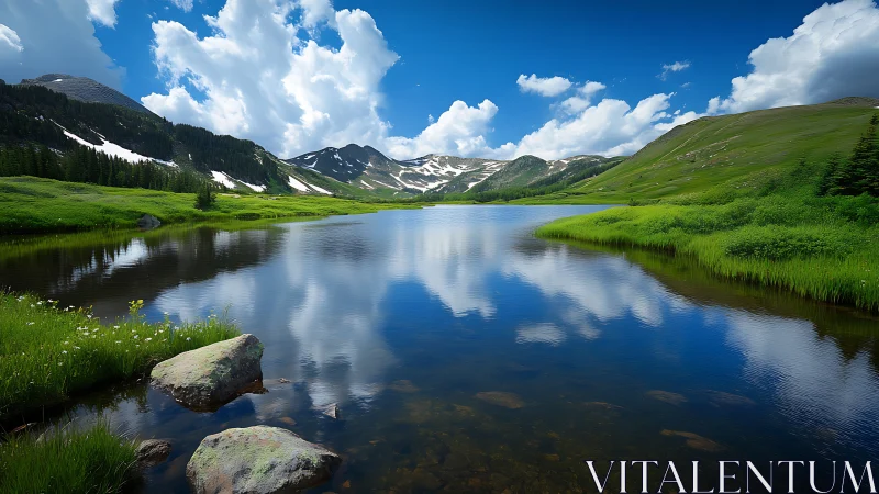 High-altitude alpine lake with snowcapped ridges and cloud reflections