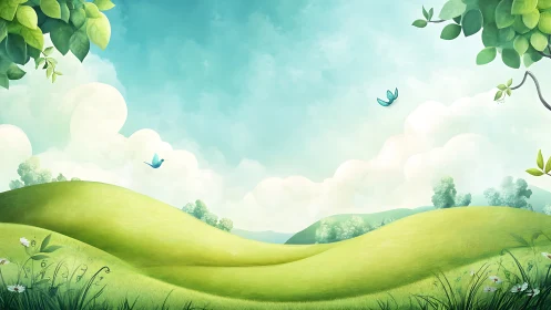 Soft green hills under blue sky with butterflies present.