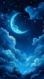 Crescent moon over glowing clouds in a deep blue night sky.