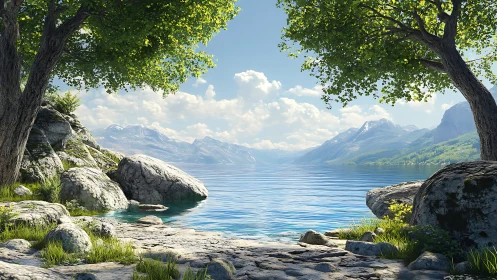 Photorealistic alpine lakeshore vista with framed treeline.