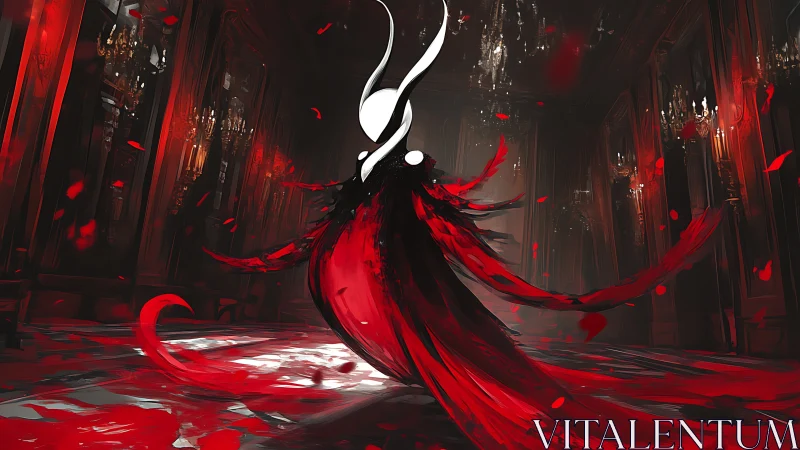 Abstract horned figure in red cloak within dark hall.
