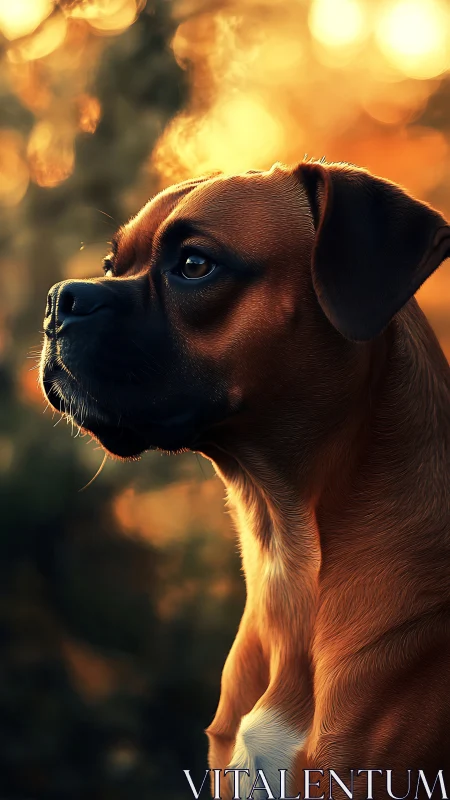 Boxer dog profile lit by strong golden backlight at sunset
