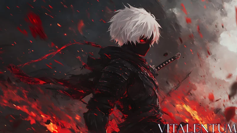 Fiery white haired warrior standing bold in swirling embers.
