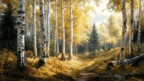 Autumnal Birch Forest with Golden Light Filtering.