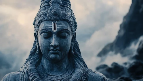 Serene stone deity sculpture against misty mountain backdrop.