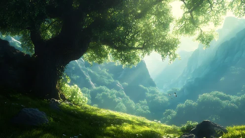 Alpine Valley Pastoral: Sunlit Mountain Sanctuary with Ancient Oak Canopy.