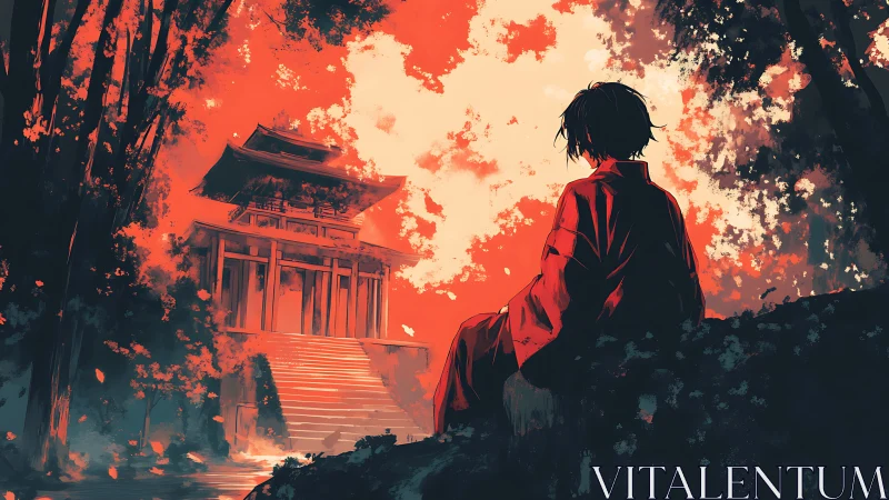 Crimson dusk crowns a lone wanderer before the temple stairs