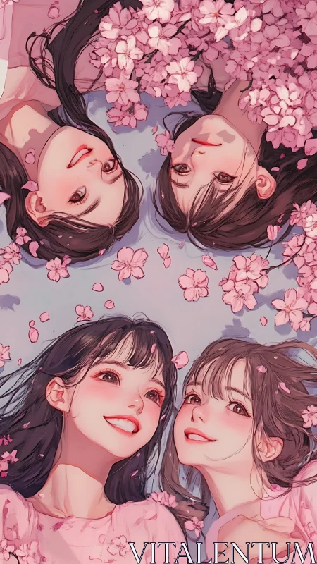 Four smiling girls lie among pink blossoms in soft light