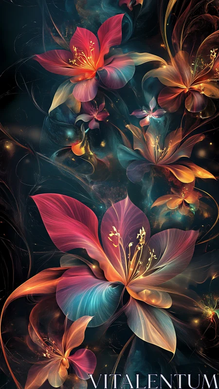 Luminous fantasy flowers drifting through a dreamy night sky.