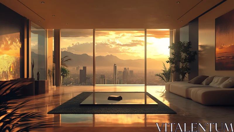 Golden sunset city view from a calm, modern living room.