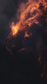 Fiery lion profile formed through flowing flames in void.