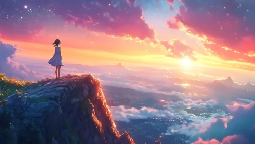 Girl gazes over glowing sunrise horizon from misty cliff