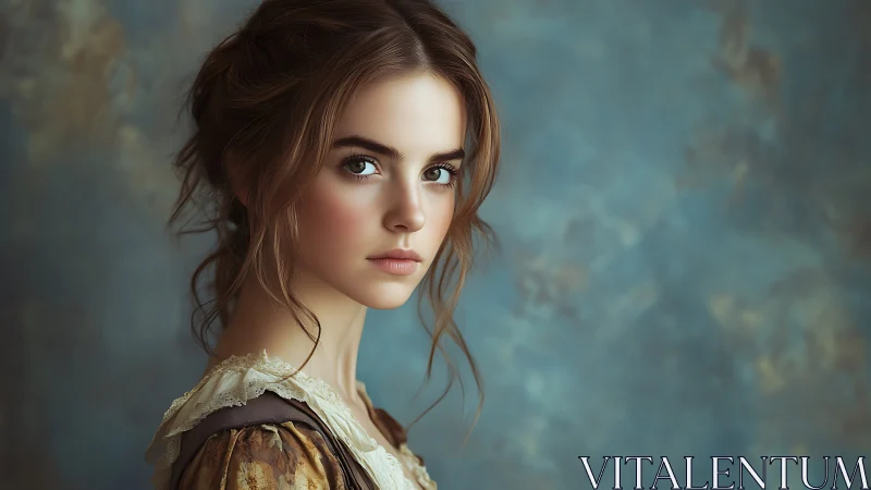 Photorealistic portrait of young woman in vintage dress.