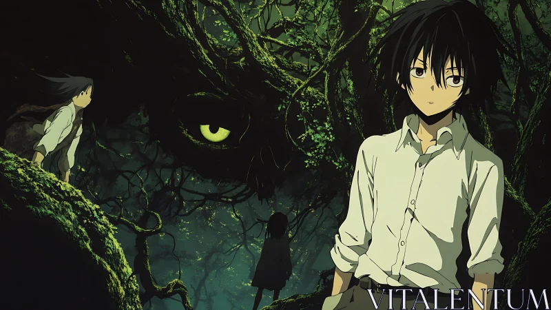 Teen explorers in cursed forest under colossal hidden beast