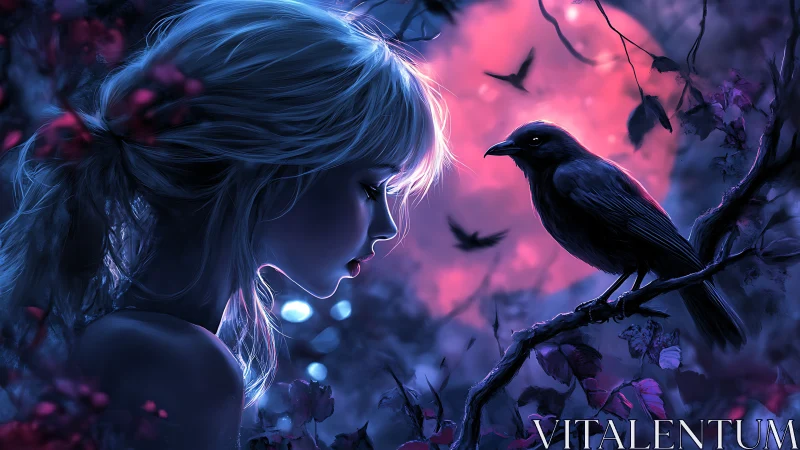 Digital fantasy girl with raven under glowing pink moon.
