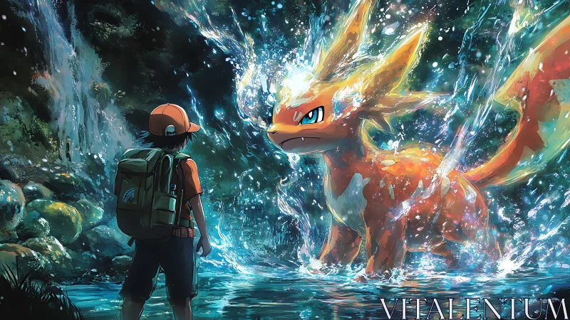 Trainer confronts elemental creature erupting from waterfall pool