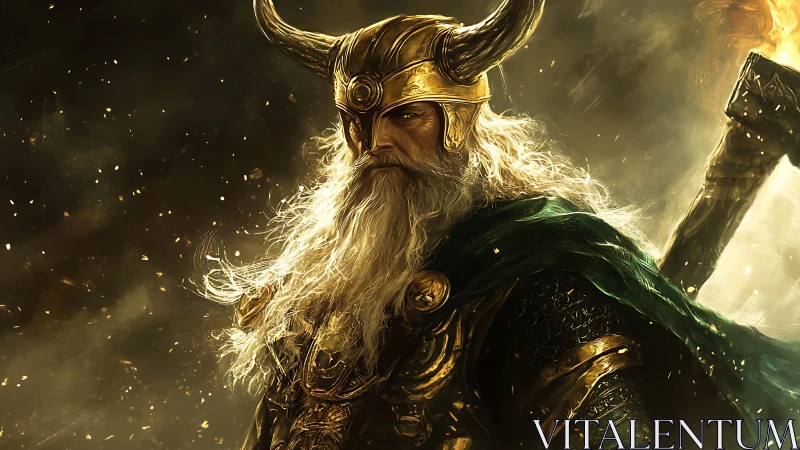 Storm crowned allfather strides through embers and legend.