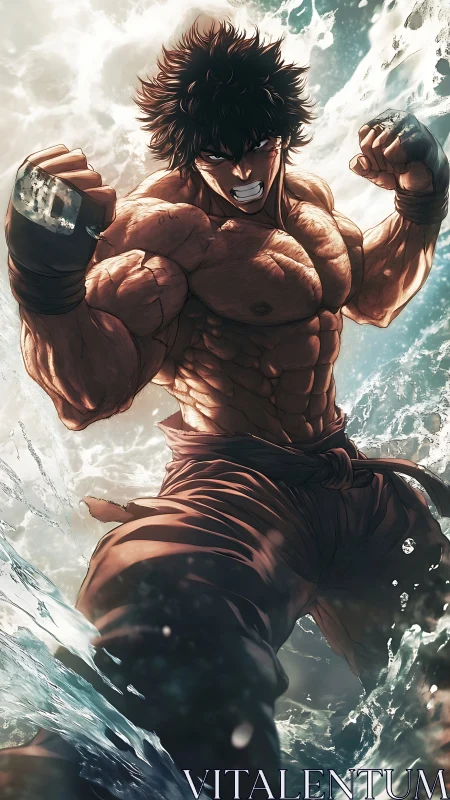 Dynamic low-angle anime fighter rendered with dramatic lighting