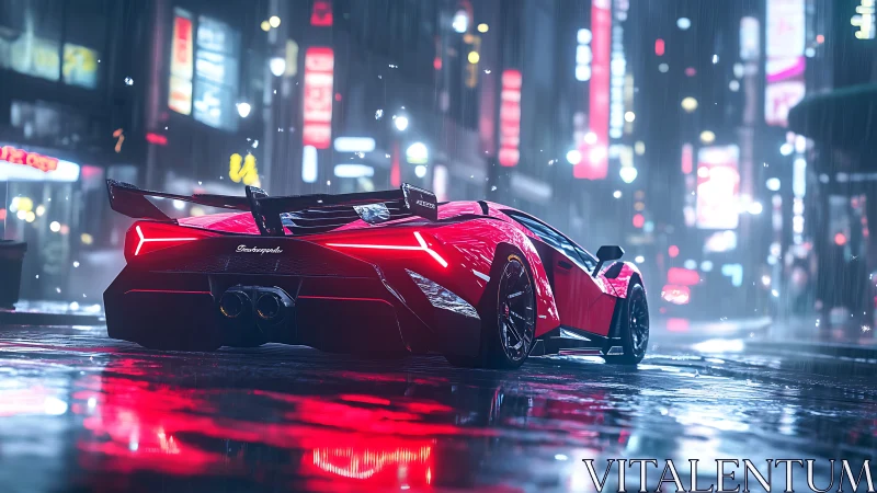 Neon-soaked supercar rear view in cyberpunk night streetscape.