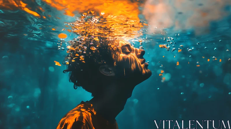 Submerged side profile under water surface with orange light.