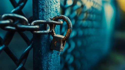 Weathered padlock holding quiet secrets on a blue fence.