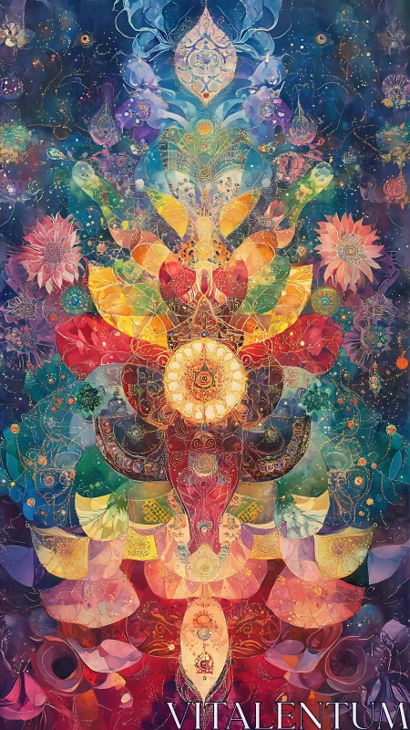 Radiant mandala blooms rise in a cosmic, prismatic night