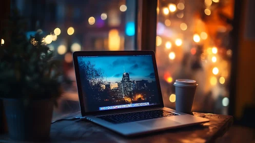 Laptop displays cityscape wallpaper on wooden café table