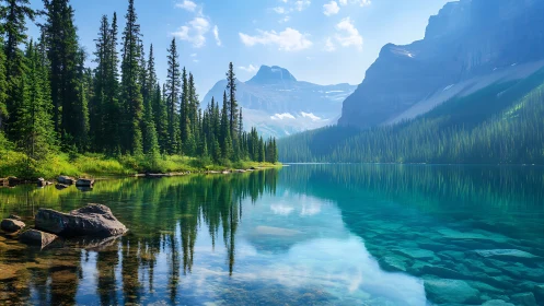 Photorealistic alpine lake panorama with evergreen shoreline.