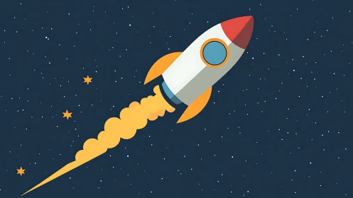 Stylized rocket ship ascending through minimalist starlit sky.