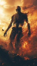 Infernal skeletal titan emerging from swirling firestorm.