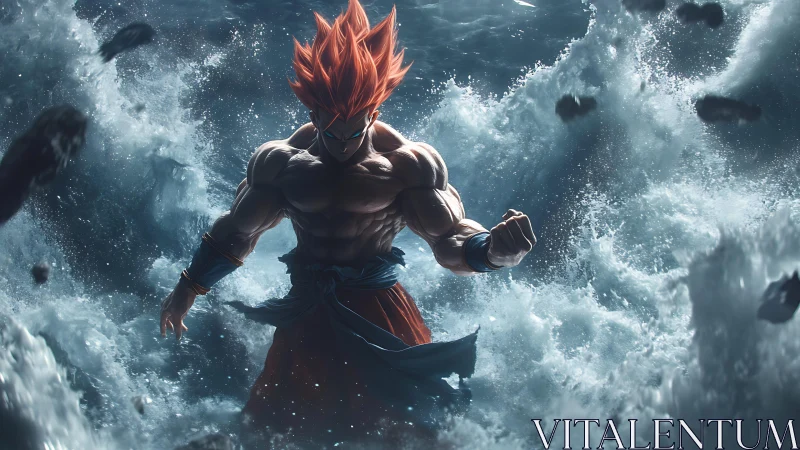 Storm-empowered warrior amid crashing cosmic waves.