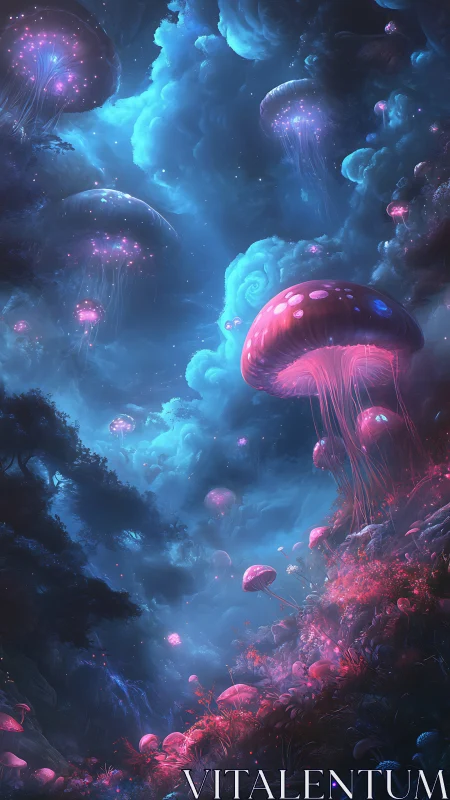 Fantasy bioluminescent forest with floating jelly fungi panorama.