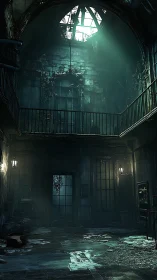 Abandoned asylum atrium catches cold turquoise skylight