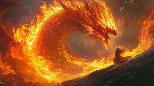 Fiery serpentine entity arches over robed figure on ridge