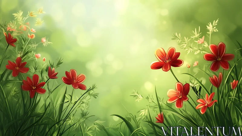 Red Flowers Bloom Against Soft Green Garden Backdrop.