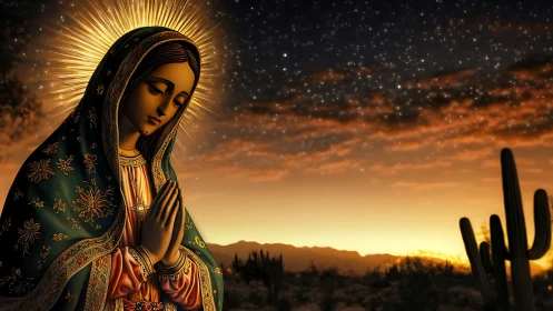 Desert dusk crowns a serene Madonna in shimmering light
