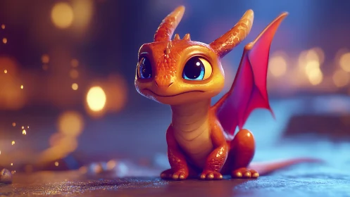 Small orange baby dragon sits on ground in warm light