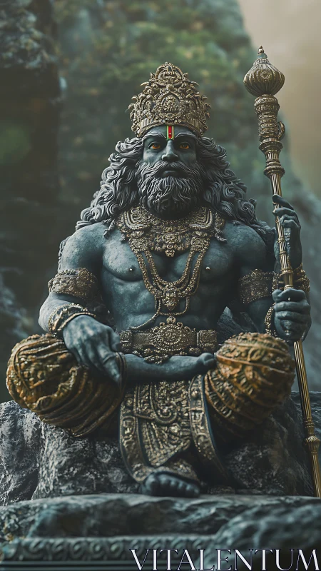 Majestic stone deity seated in ornate golden regalia.