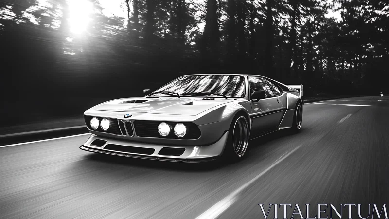 Monochrome BMW sports coupe under motion blur on forest road