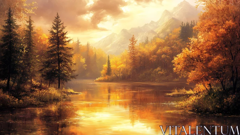 Golden autumn river under glowing mountain sunset.