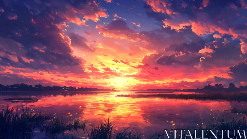 Skyfire marsh sunset painting the water in molten citrus.