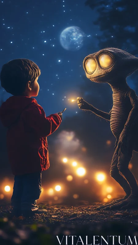 Cinematic night encounter between child and glowing alien figure.