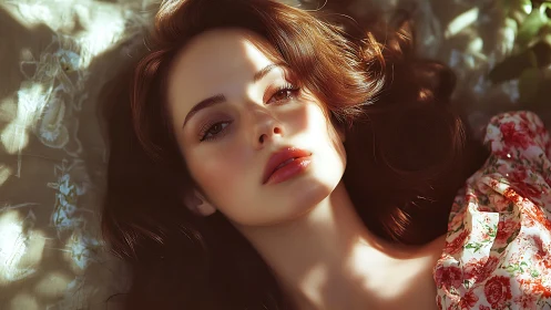 Portrait shows woman lying in dappled natural sunlight