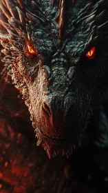 Molten-eyed dragon portrait under dramatic rim light.
