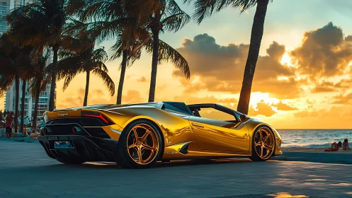 Gold supercar parked by tropical beach at vivid sunset.