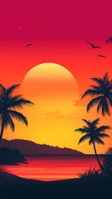 Bold tropical sunset over calm ocean with silhouetted palms.